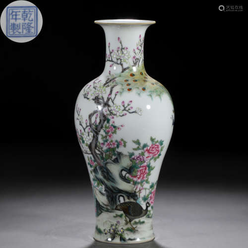 A Chinese Famille Rose Peacock Baluster Vase