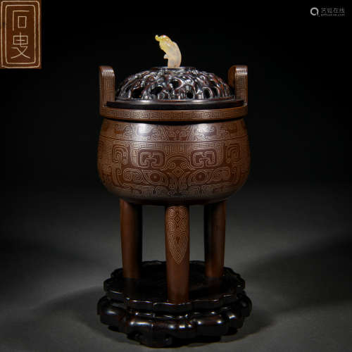 A Chinese Bronze Tripod Censer with Jade Finial