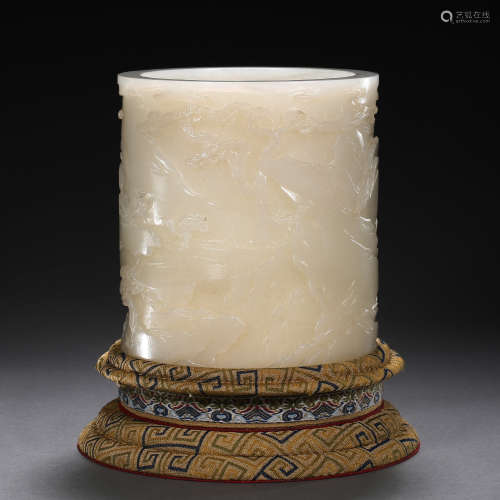 A Chinese Carved White Jade Brushpot