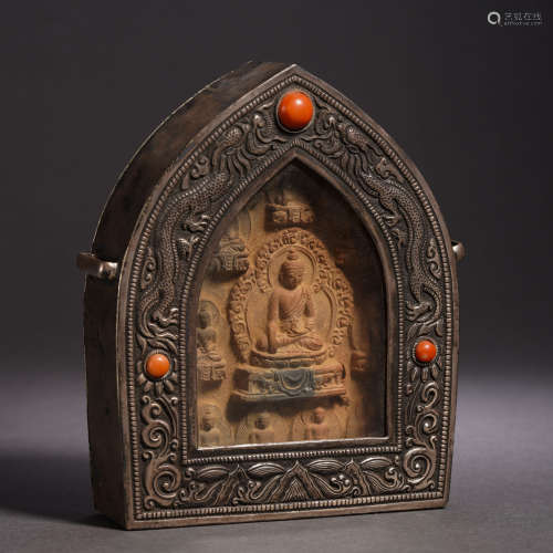 A Tibetan Hardstones Inlaid Silver Shrine Gu