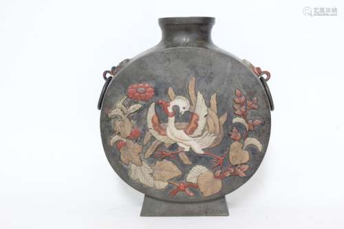 Chinese Bronze Vase w Soapstone Inlaid
