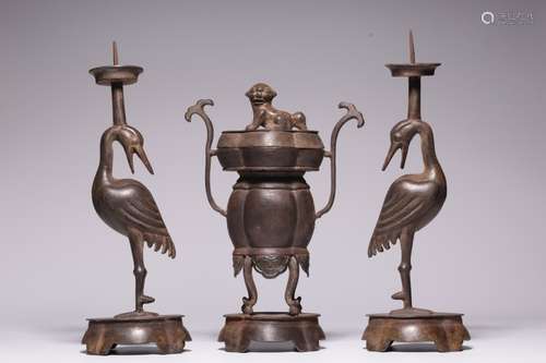 Chinese Pewter Candle Crane Set