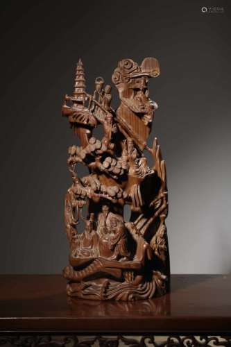 Chinese Wood Carved Pagoda,Figurines and Pine Tre