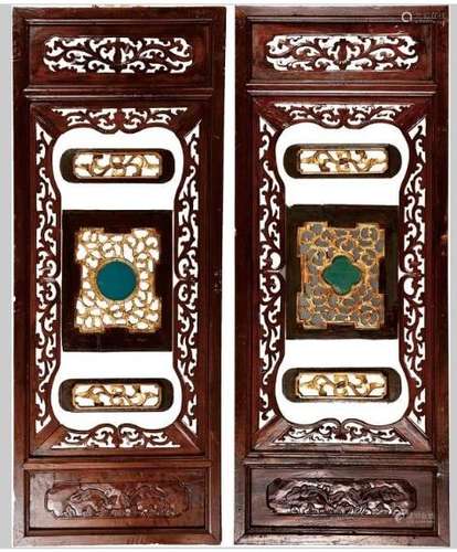 Pair of Chinese Wood Glass Wall Panel