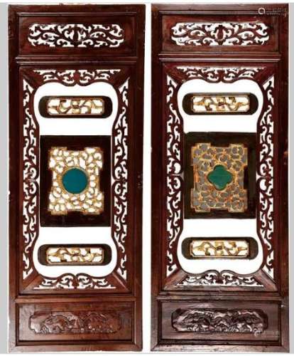 Pair of Chinese Wood Glass Wall Panel