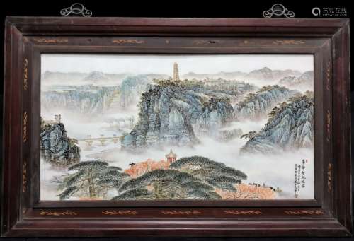 Chinese Famille Rose Porcelain Plaque w Calligraph