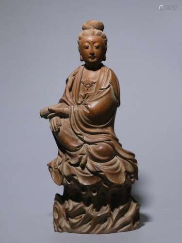 Chinese Huangyang Wood Hand Carved Guanyin Statue