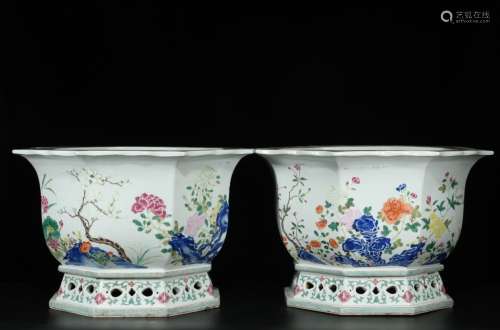 Pair Chinese Famille Rose Porcelain Planter