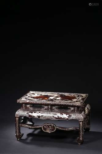 Chinese Lacquer Wood Low Table w Mother Pearl Inla