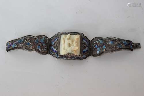 Chinese Enamel Filigree Bangle w Bone Inlaid