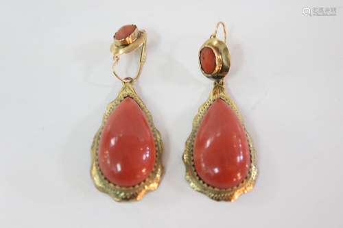 Pair of Chinese Red Earring w Gold