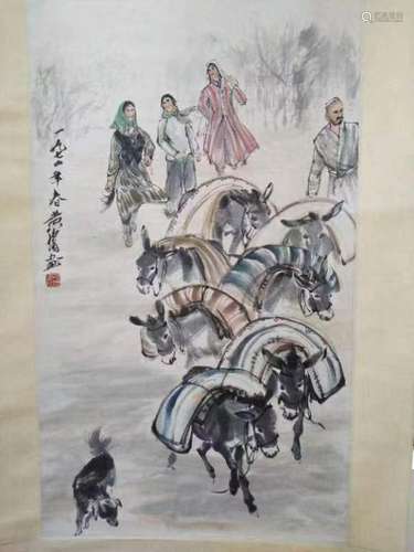 Chinese Ink Color Scroll Painting w Calligraphy