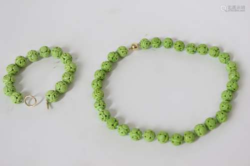 Two Chinese Carved Green Beads Bracelets