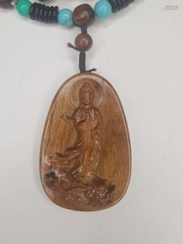 Chinese Wood Carved Pendant Necklace