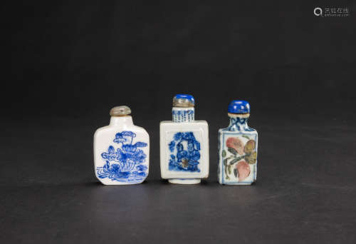 Late Qing/Republic - A Group Of Three Blue And White Snuff B...