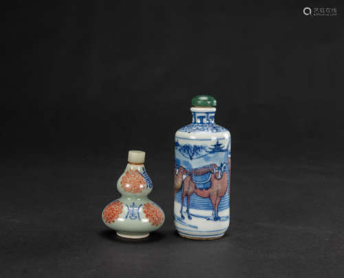 Qing - Two Blue And White and Iron-Red Snuff Bottles