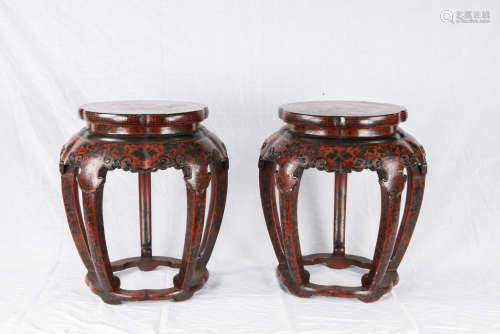 Late Qing - A Pair Of Red And Black Lacquer Stools