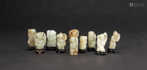 Qing - A Group Of Ten White Jade Carved Childs (9 woodstand)