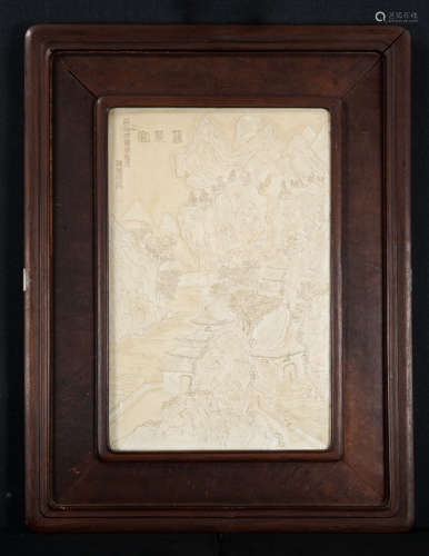 Qing - A Porcelain Carved ‘Landscape’ Hanging Plaque,