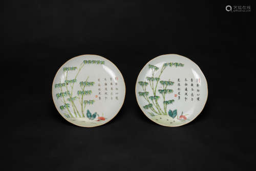 Late Qing/Republic - A Pair Of Famille Glazed ‘Bamboo, Lingz...