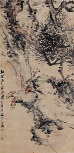 1886-1947 符铁年  灵芝松寿 设色纸本 立轴