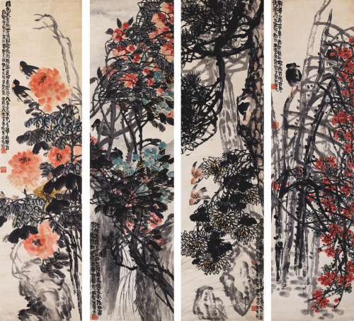 1900-1956 王青芳  花鸟四屏 设色纸本 立轴