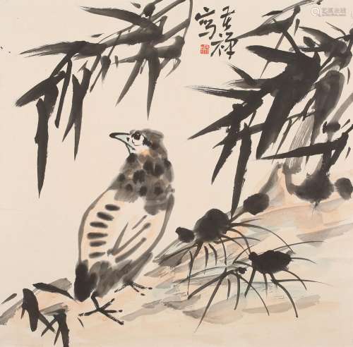 李苦禅   竹禽图Li Kuchan's Bamboo and Bird Painting