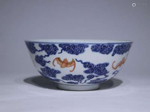 Qing Guangxu blue and white alum red cloud bat bowl