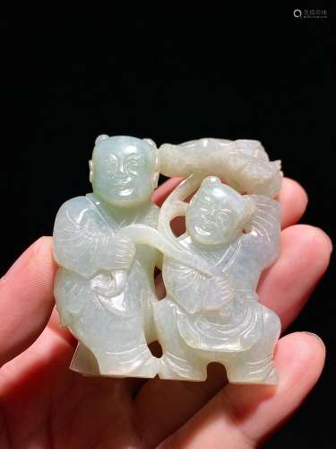 Qingbing Waxy Jade Lotus Holding Boy Twin