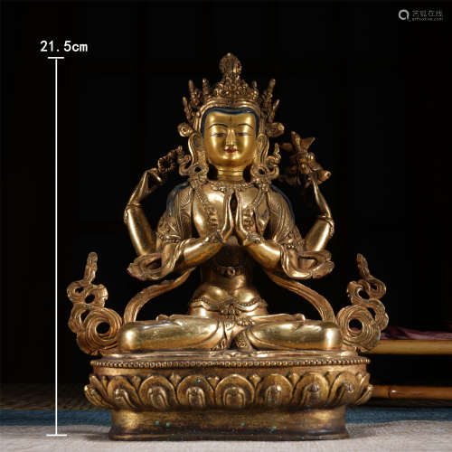 尼泊爾風格銅鎏金四臂觀音坐像