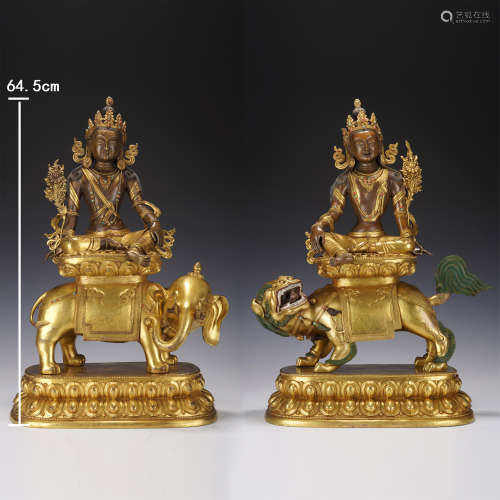 清代 銅鎏金文殊菩薩、普賢菩薩坐像