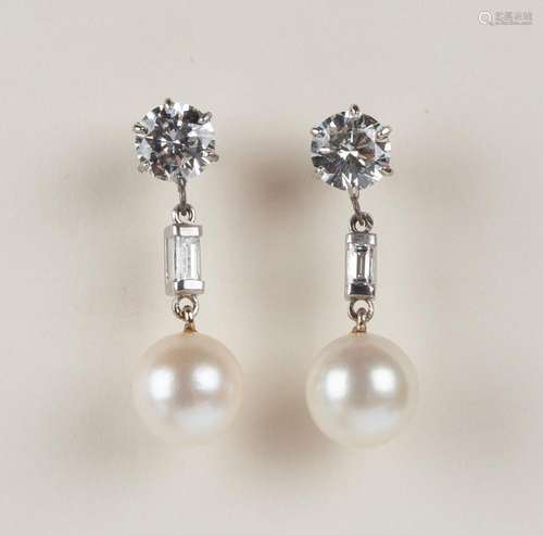 Lady s 14K Gold, Pearl and 1.82 ct Diamond Drop Earrings