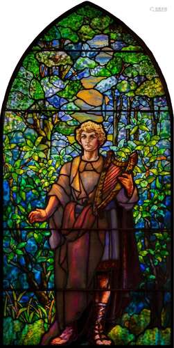 Tiffany Studios Leaded Glass Window of Boy David Holding a H...