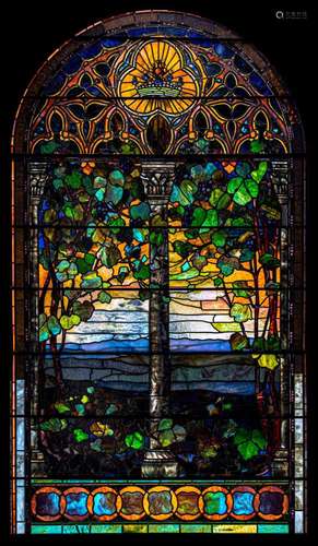 Tiffany Studios Leaded Glass Romanesque Ornamental Window