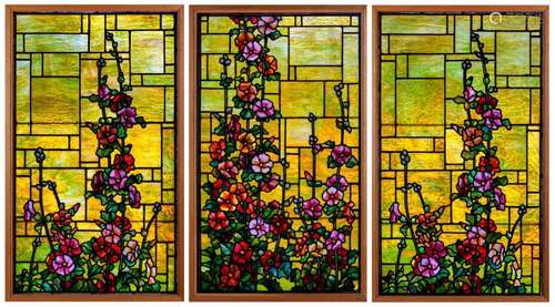 (3) Duffner & Kimberly Hollyhocks Leaded Glass Windows