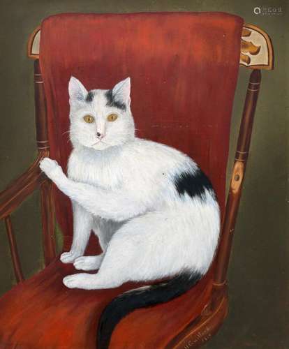 19th Century Folk Art Painting of Cat in Rocker