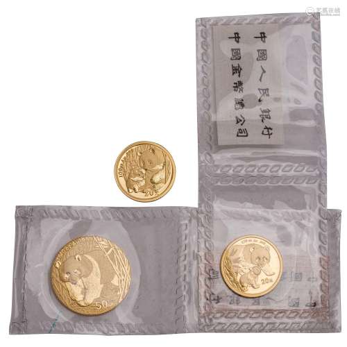 Chine/or - lot de 3 pièces : 50 yuans 2002 de 1/10 oz, 20 yu...