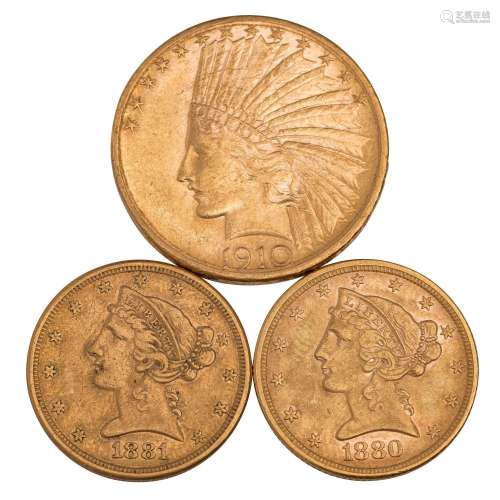 USA - 3 pièces : Quarter Eagle 5 Dollars 1880/o.Mzz., 1881/s...