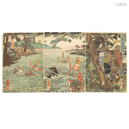 URAGAWA YOSHIKAZU (active 1848-1870) - 'Battle' of River Uji...