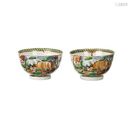 Two Chinese European subject 'bull' tea cups, Qianlong