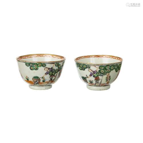 Pair of Chinese European subject 'Cherry Pickers' tea cups, ...
