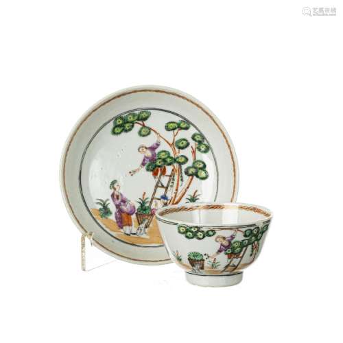 Chinese porcelain 'Cherry Pickers' tea cup & saucer, Qia...