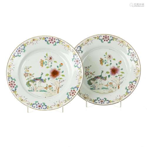 Pair of Chinese export porcelain plates 'Peacock's Service'