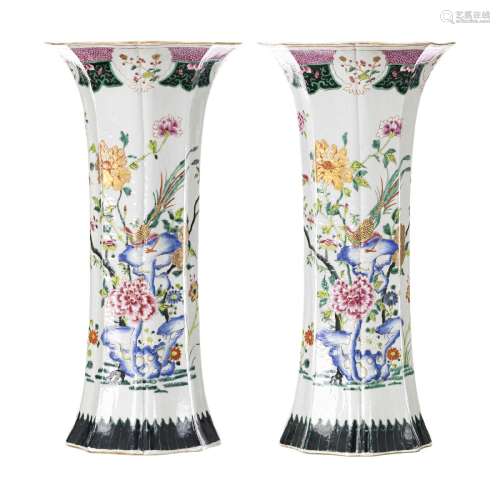 Pair of large Chinese octagonal trumpet vases, Yongzheng