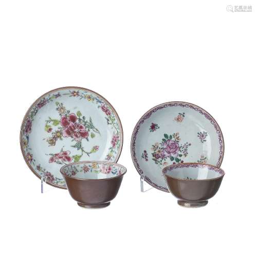 Two Chinese porcelain chocolate family tea cup and saucers
