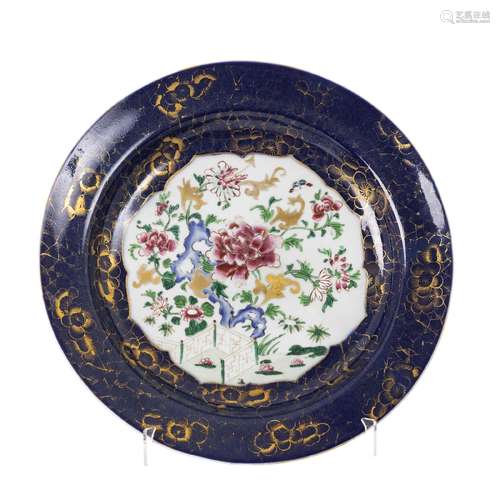 Large Chinese porcelain powder blue peony charger, Yongzheng