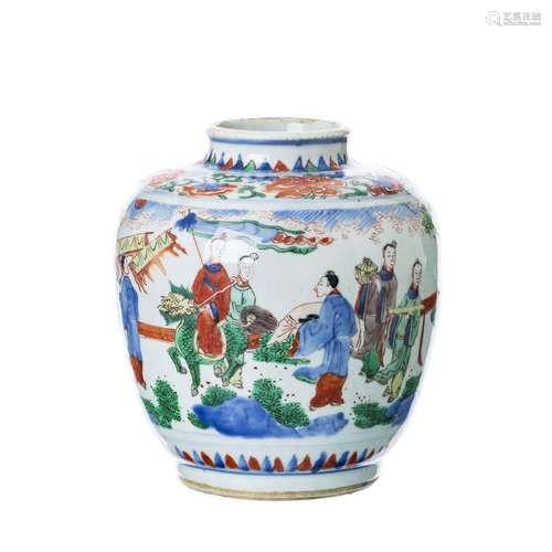 Chinese porcelain figural Wucai pot, Transitional