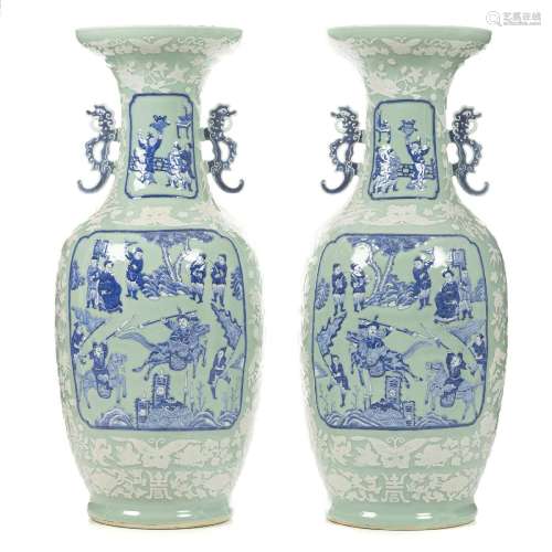 Large pair of Chinese celadon ground relief porcelain Vases,...
