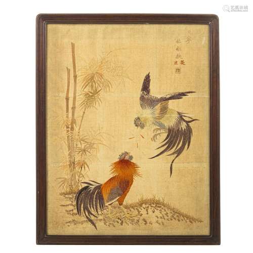 Chinese silk embroidery with roosters