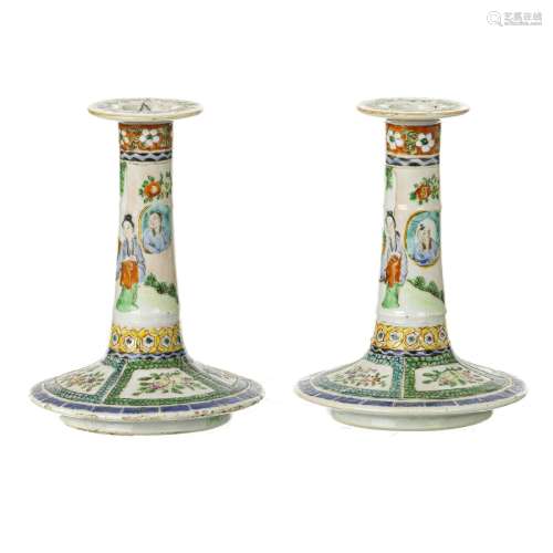 Pair of Chinese 'Mandarin' Porcelain Candlesticks, Minguo,